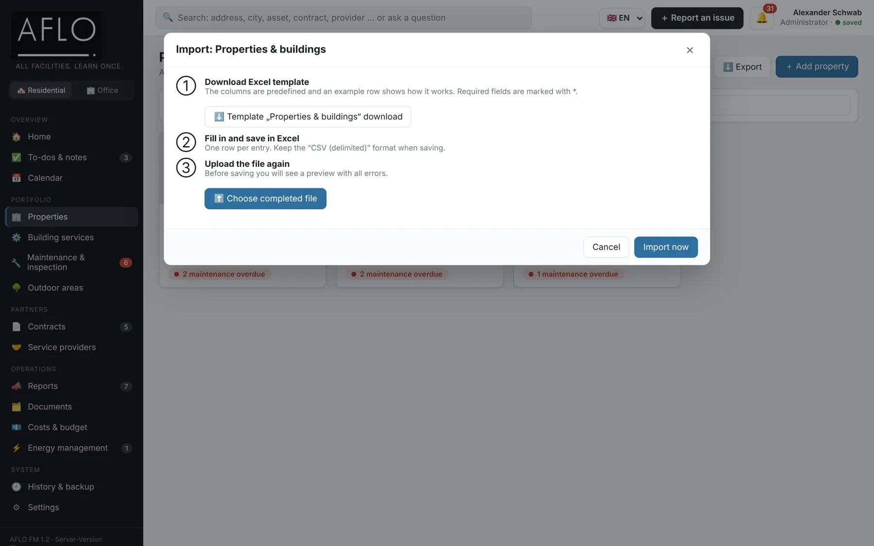 Import assistant with template