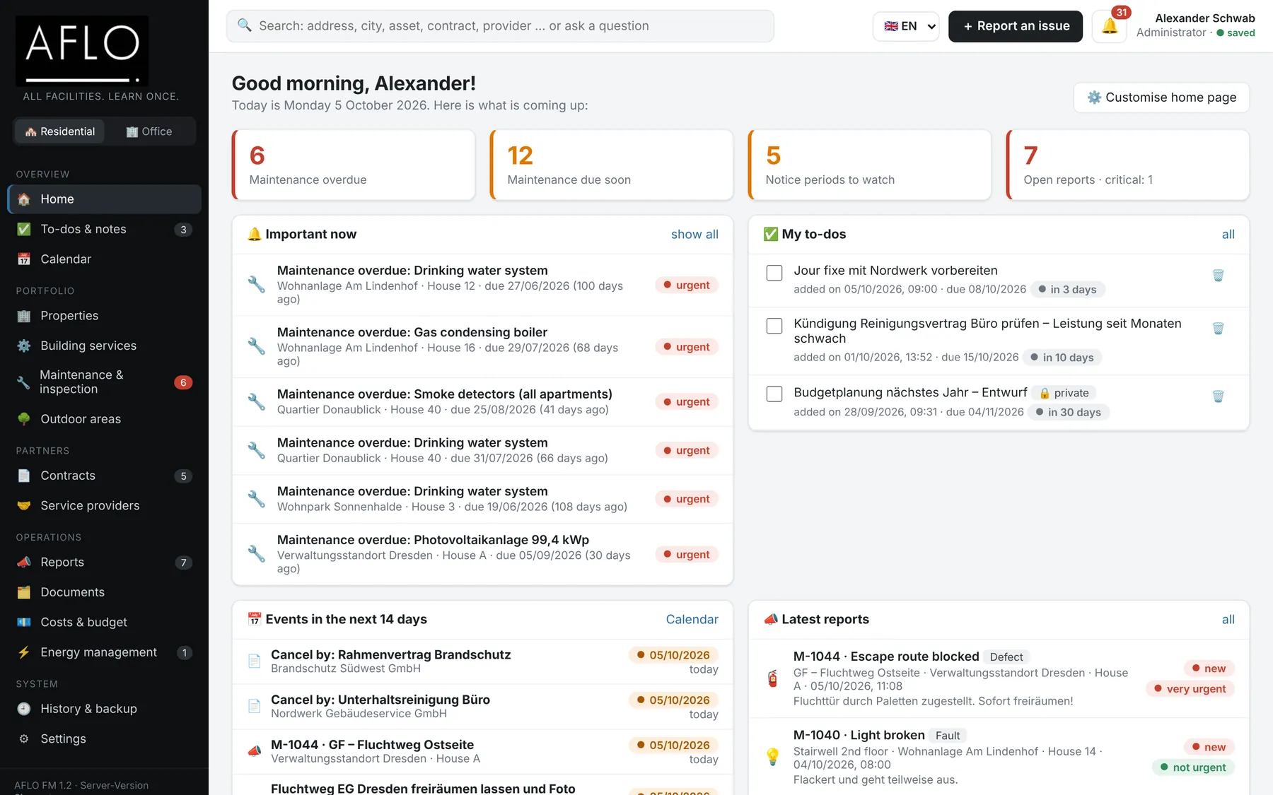 Home screen “What needs doing today?” – deadlines, reports and to-dos at a glance, with traffic-light logic.